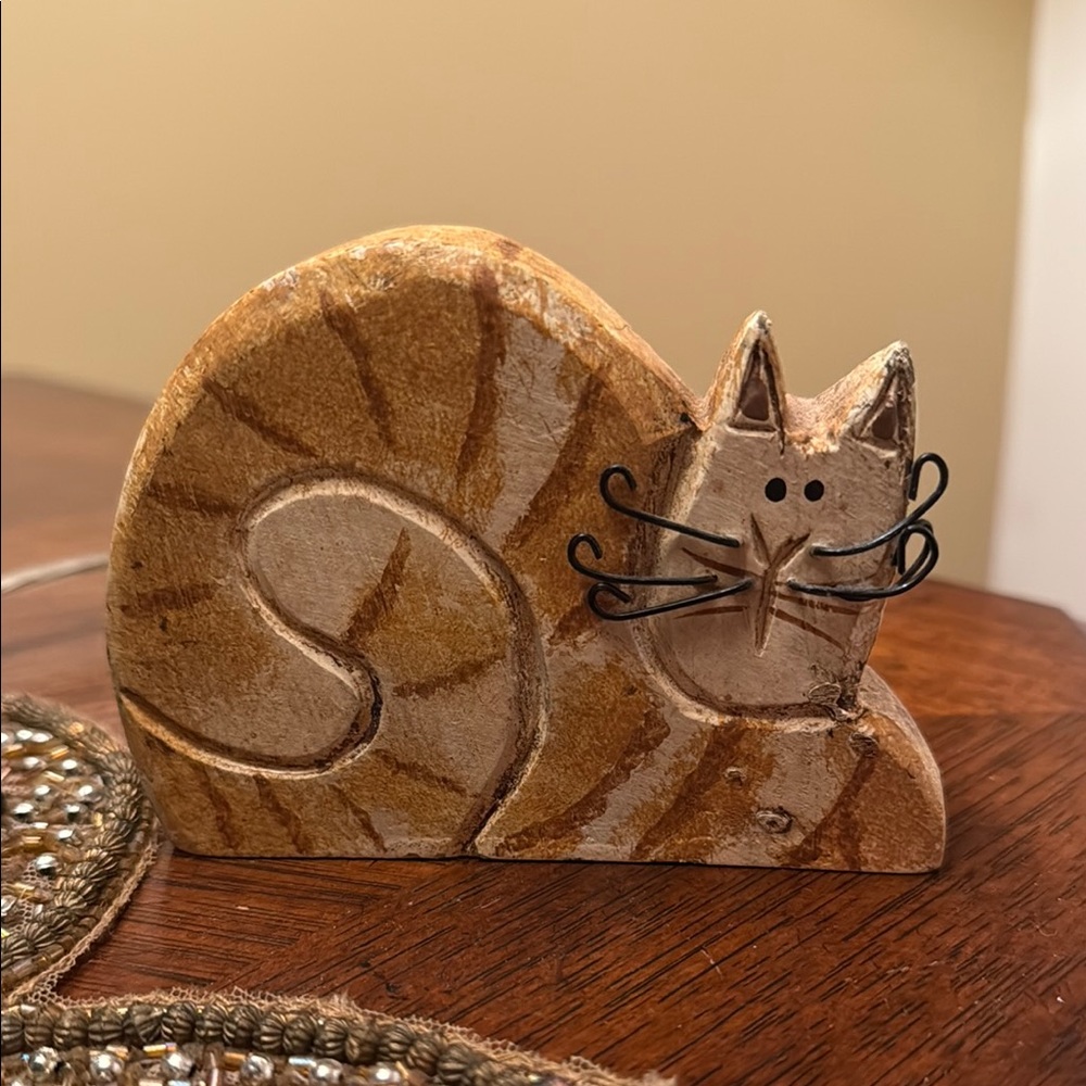 Vintage Carved Wooden Cat Figurine 1999